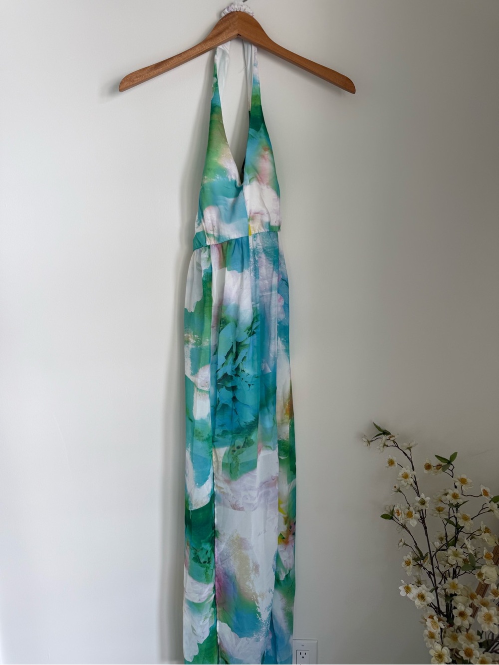 bebe Aqua and Green Floral Halter Maxi Dress